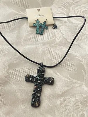 DaVinci Necklace Earrings Set Cross Pendant 3” H Goth Punk Steampunk Black Blue thumbnail 9