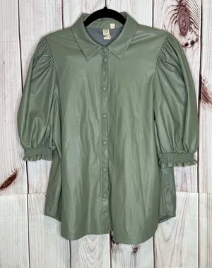 Dolan Sage Green Vegan Leather Puff Sleeve‎ Button Down Top thumbnail 1