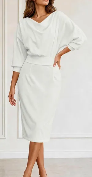 Boutique White Cowl Neck V Neck Bat Wing MIDI Dress Size XL NWOT thumbnail 1