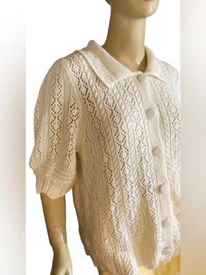 Lands' End Pointelle Knit Cotton Blend White Puffed Sleeve Cardigan (Xl) thumbnail 6
