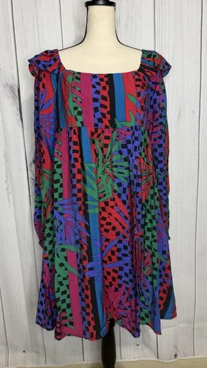 Oddi Zoe Floral Tropical Leaves Dress Size L Smocked Back Long Sleeve NWT thumbnail 1