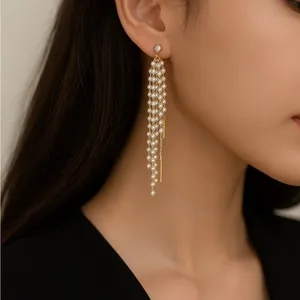Elegant Faux Pearl Dangle Earrings with‎ Gold Chains – Layered Tassel Design thumbnail 2
