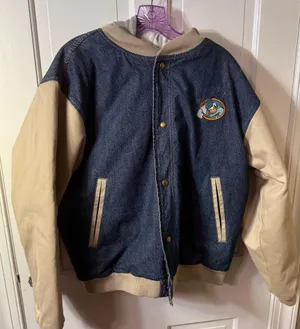 Vintage Disney Donald Duck Varsity Denim Jean And Khaki Jacket With Hood Size M thumbnail 1