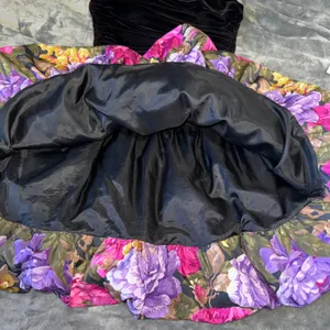 Vtg Strapless Mini Dress 8 Black Floral 80s‎ Velvet Bubble Skirt Prom Homecoming thumbnail 13