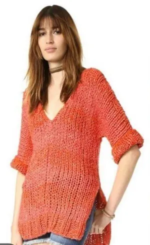 Free People Cozy Open-Stitch V-Neck Sweater in Orange thumbnail 1