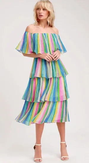 . Lulu's Multicolor Off-Shoulder Tiered Dress thumbnail 1