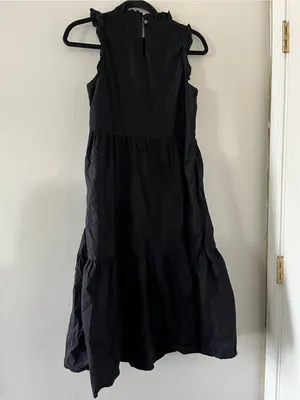 J Crew Black Cotton Poplin Tiered Midi Dress 2 Ruffle Neck Sleeveless Coastal thumbnail 6