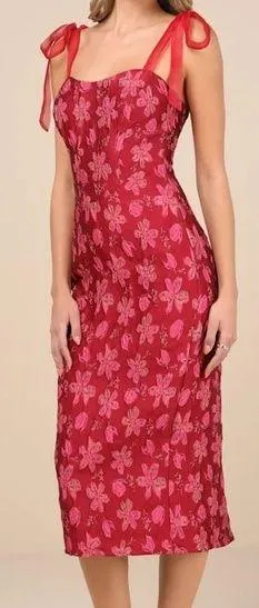 NWOT Lulus Lovely Darling Magenta Floral Jacquard Tie-Strap Midi Dress thumbnail 2