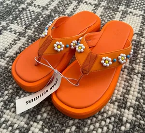 Urban Outfitters Orange UO Embellished Thong Sandal Slides Shoes Summer Pool thumbnail 1