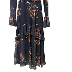 Floral Sheer Mesh Mock Neck Tiered Ruffle Midi Dress Black Orange Red Small thumbnail 4