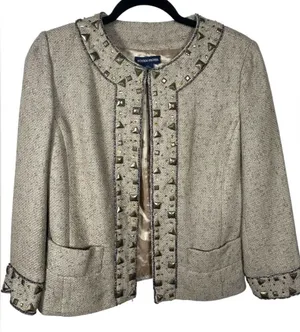 Boston Proper Women’s Stud Beaded Embellished Tan Tweed Jacket‎ Blazer Size 8 thumbnail 1