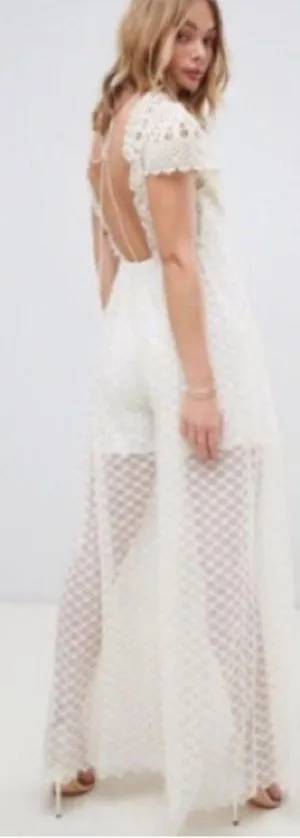 Free People Cleo Maxi Jumpsuit Lace Ruffle Cap Sleeve V-neck Wide Leg Cream S? thumbnail 2