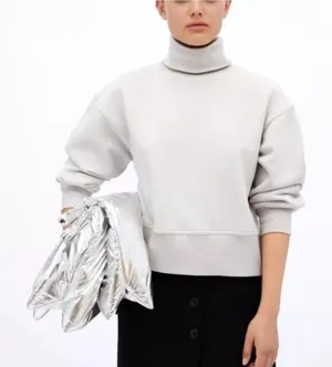 Zara Taupe‎ Sweatshirt Women's Small Mock Neck Cropped Cotton Loungewear Casual thumbnail 1