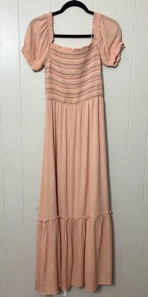 Prómesa Smocked Bodice Puff Sleeve Tiered Maxi Dress Peach M thumbnail 1