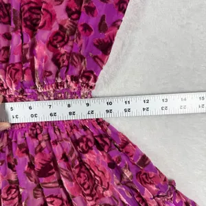 o.p.t Womens Floral Burnout Velvet Mini Dress Magenta Pink Smocked‎ Waist XS thumbnail 4