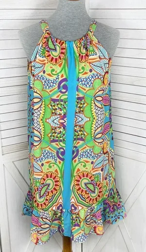 Jade‎ Melody Tam Multi Floral Print Ruffle Hem Tunic Halter Dress Medium thumbnail 1