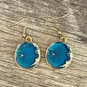 Dangling Earrings Gold Tone Celestial Blue Space thumbnail 1