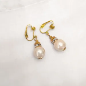 Vintage Clip On Earrings Rich Gold Tone Clear Gems, Faux Pearl Dangle Drop thumbnail 3