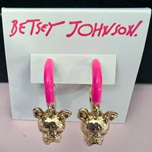 🐶BETSEY JOHNSON Frenchie Enamel Hoop Earrings / Gold Tone Hot Pink thumbnail 7