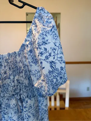 Blue & White Floral Smocked Peplum Puff Sleeve Blouse | Cottagecore | Women’s thumbnail 2