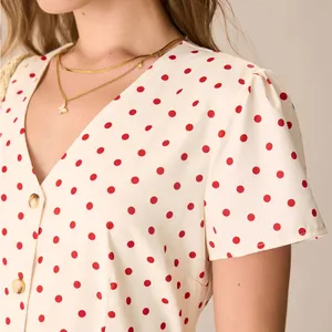 Rihoas Beige Polka Dot Button Mini Dress White thumbnail 4