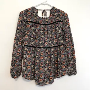 KNOX ROSE Smocked Floral Tie Back Top Black Etc Boho Long Sleeve Peasant Blouse thumbnail 3