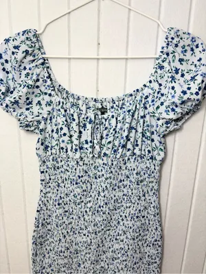 wild‎ fable White & Blue Smocked Midi Dress with Puff Sleeves Size XS thumbnail 5