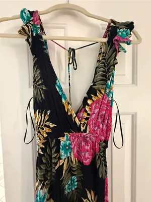 Billabong Black Floral Wrap Dress with Pink & Teal Blooms thumbnail 1