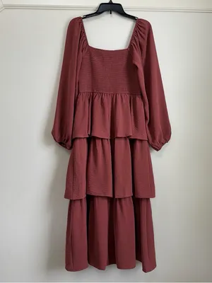 in february Mauve Rust Square Neck Smocked Tiered Ruffle Midi Dress M NWT thumbnail 5