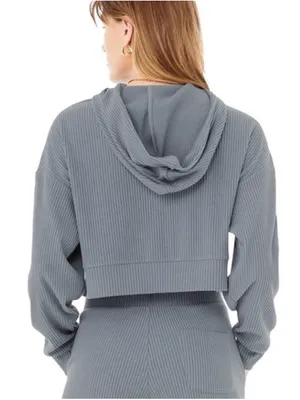 ALO Yoga Muse Ribbed Hoodie Steel Blue Small thumbnail 2