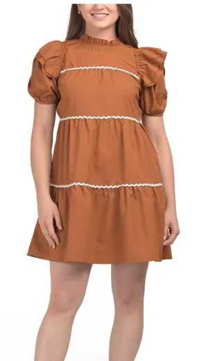 US TOGETHER ric rac trim mini dress Elegant Brown Puff Sleeve Dress Taupe thumbnail 1