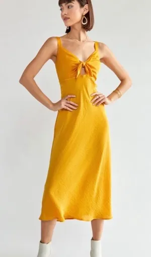 Francesca's Mi Ami |‎ NWT Mustard Yellow Satin Tie Front Midi Dress, Size M thumbnail 1