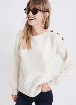 Madewell Boatneck Button Shoulder Sweater White Ribbed Knit Size Small thumbnail 1