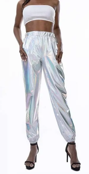 Women's Shiny Metallic High Waist Stretchy Jogger Pants Iridescent Silver XL thumbnail 1