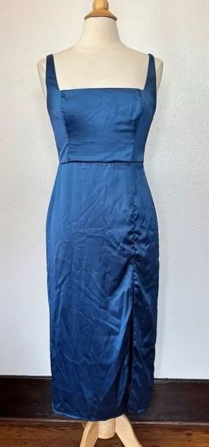 Lulu's Deep Blue Satin Square-Neck Midi Dress thumbnail 1