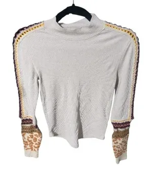 Free People Beige Ribbed Long Sleeve Top, Size Medium thumbnail 1