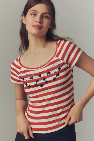 Anthropologie Maeve Embroidered Flowers Scoop Neck Tee XS NWT‎ thumbnail 1