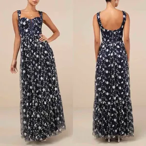 Lulus Gala Invite Navy Blue Embroidered Tulle Bustier Maxi Dress Large thumbnail 6