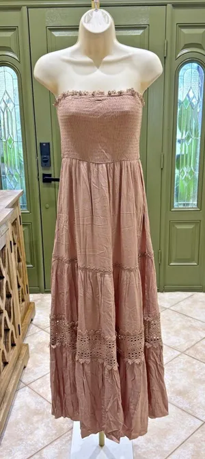 Mauve Pink Strapless Maxi Dress – Smocked Bodice & Crochet Lace Trim | Size S thumbnail 1