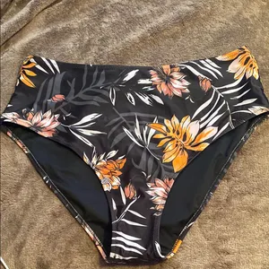 Black and Orange High-Waisted Bikini Bottoms with Floral Print thumbnail 1