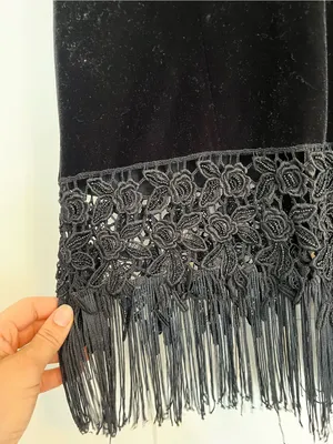 Papell Boutique Black Velvet Evening Top with Lace Trim beaded fringe button 14 thumbnail 3