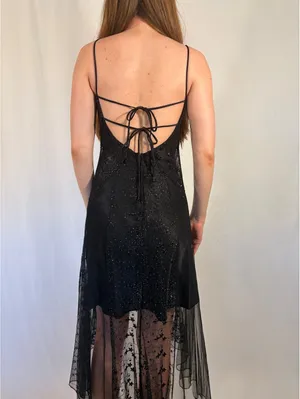 Sparkly Black Open Back Tie Overlay High Low Y2k Dress thumbnail 7