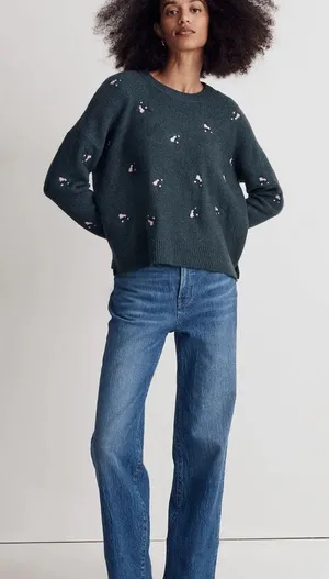 Madewell Floral Embroidered Merino Wool Blend Sweater Green Crewneck Size Small thumbnail 1