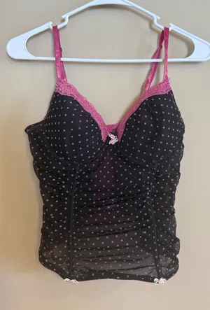 Dierfloor‎ Black Pink Polka Dot Mesh Bustier Top Lace Trim Coquette Lingerie thumbnail 1