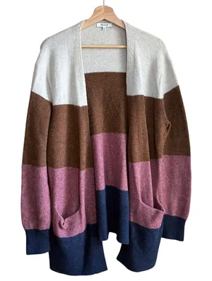 Madewell merino wool alpaca colorblock brown white pink navy cardigan women's L thumbnail 1