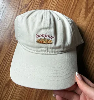 Bonjour Beige Cap - Embroidered Baguette Design thumbnail 1