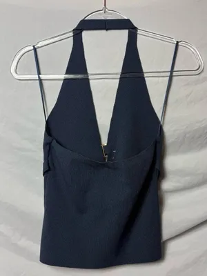 Silence + Noise Navy Halter Knit Y2K Top with Center Buckle thumbnail 4