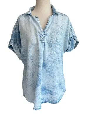 Thread & Supply Acid Wash Denim Look Tunic Top Lt Blue Short Sleeve V-Neck Relax thumbnail 1
