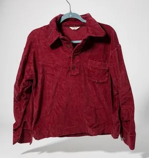 Vintage Burgundy Velour‎ Polo Shirt Long Sleeve Collared Pocket Size L thumbnail 1