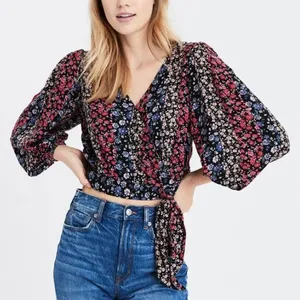 American Eagle M Floral Wrap Crop Top Patchwork Print Balloon Sleeve Cottagecore thumbnail 1